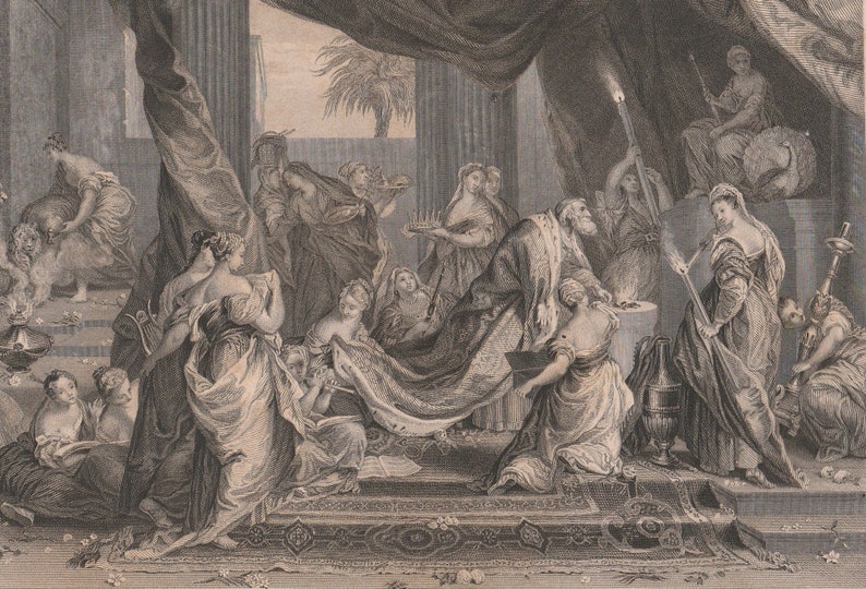 1845 Bible Solomon's Apostasy Antique Steel Engraving after the Painting by Nicolas Vleughels 1668-1737 Original Religious Print image 1