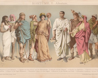 1894 Costumes from the Classical Antiquity Ancient Egypt, Greece & Rome Historical Fashion Original Antique Lithograph Print