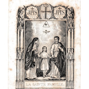 La Sagrada Familia - Estampa antigua grabada - Niño Jesús, la Virgen María y San José - "La Sainte Famille" - Francia, circa 1850