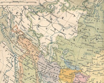 1885 Political Map of Asia Original Antique Color Lithograph Print India China Japan Mongolia Korea
