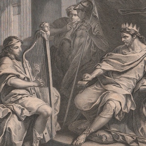 May include: An antique engraving depicts a regal scene with figures in classical attire. A person plays a harp, while a crowned figure sits on a throne. Other figures stand nearby, one holding a spear. The artwork is detailed with fine lines.
