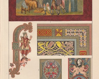 1894 Miniatures Medieval Illuminated Manuscripts Middle Ages Art Original Antique Lithograph Print Codices Europe Bibliophilia