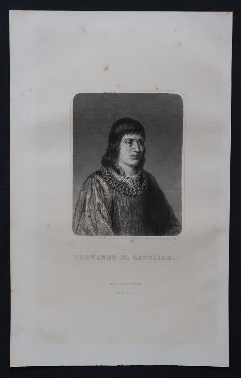 1875 Ferdinand the Catholic Ferdinand II of Aragon Catholic Monarch of Spain Original Steel Engraving Antique Print Portrait image 2
