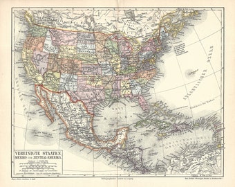 1885 North America Mexico and Central America Antique Map Color Lithograph Print United States Canada Cuba Jamaica