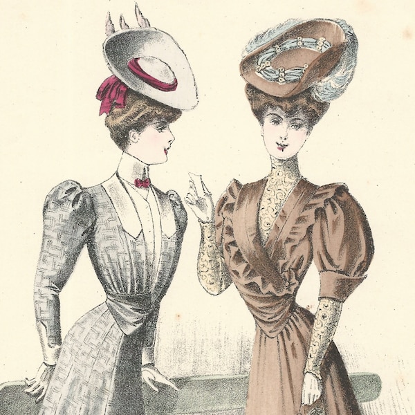 1905 Français Mode au début des années 1900 Paris France Lithographie Originale Impression Femmes Porter Vêtements Chapeaux Coiffures Accessoires Haute Couture