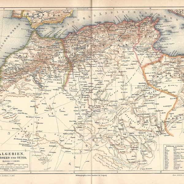 1885 Algeria Morocco and Tunisia Antique Map Original Color Lithograph Print Northern Africa Maghreb