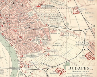1885 Budapest City Plan Hungary Original Antique Color Lithograph Print Central Europe