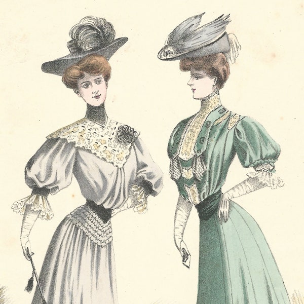 1906 Französische Mode in den frühen 1900er Jahren Paris Frankreich Original Lithographie Druck Damen Kleidung Hüte Frisuren Accesories Haute Couture