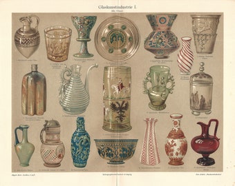 1902 Glass Art Industrie Original Antique Lithograph Print Glass Vases Jugs Cups Jars