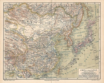 1885 Antique Map of China Mongolia Japan Korea Original Color Lithograph Print Asia
