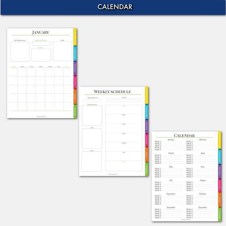 Puede incluir: Un planificador de calendario y horario semanal imprimible con pesta&ntilde;as de colores para cada mes y d&iacute;a de la semana. El calendario incluye una vista general mensual y una secci&oacute;n de horario semanal.