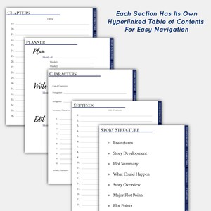 May include: A printable planner for writers with sections for chapters, planner, characters, settings, and story structure. Each section has a table of contents for easy navigation.