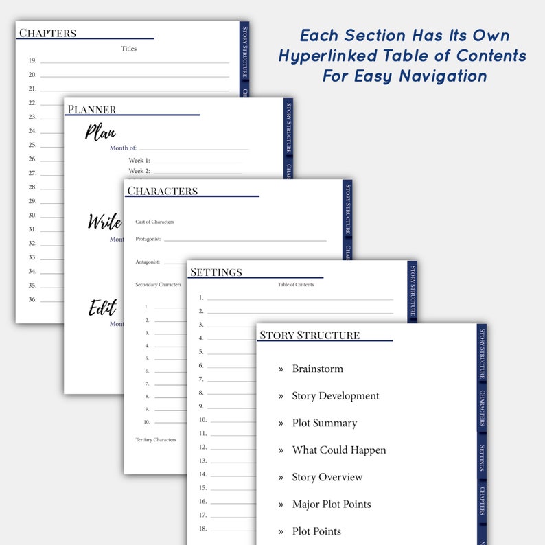May include: A printable planner for writers with sections for chapters, planner, characters, settings, and story structure. Each section has a table of contents for easy navigation.