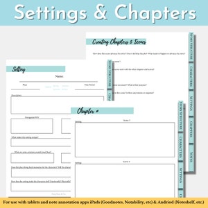 May include: Printable worksheet for writers to plan out their story's setting and chapters. The worksheet includes sections for setting details, character POV, and scene descriptions. The worksheet is designed for use with note-taking apps on tablets.