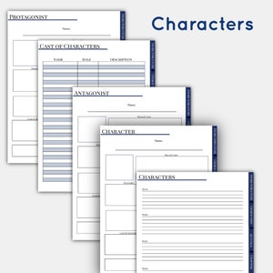May include: A printable character sheet for writers to organize their story characters. The sheet includes sections for the character's name, role, description, physical traits, personality, goals, and motivations.