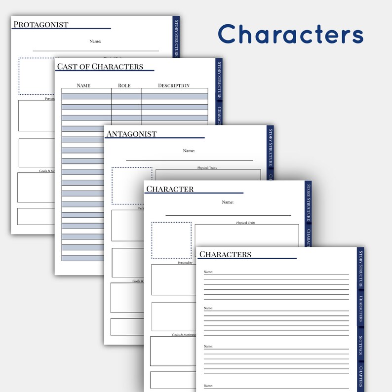 May include: A printable character sheet for writers to organize their story characters. The sheet includes sections for the character's name, role, description, physical traits, personality, goals, and motivations.