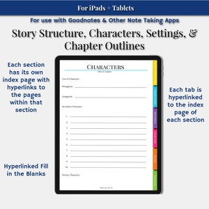 Puede incluir: Una plantilla de planificador digital para iPads y tabletas, dise&ntilde;ada para usar con aplicaciones de toma de notas como Goodnotes. La plantilla presenta secciones para la estructura de la historia, los personajes, los escenarios y los esquemas de cap&iacute;tulos. Cada secci&oacute;n tiene su propia p&aacute;gina de &iacute;ndice con hiperv&iacute;nculos a las p&aacute;ginas dentro de esa secci&oacute;n. La plantilla est&aacute; dise&ntilde;ada para ayudar a los escritores a organizar sus historias y hacer un seguimiento de sus ideas.