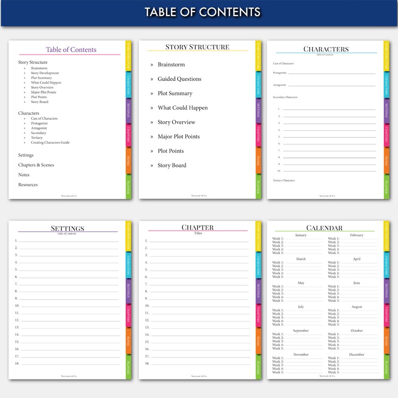 Puede incluir: Una plantilla de tabla de contenido imprimible para escribir una historia. La plantilla incluye secciones para la estructura de la historia, los personajes, los escenarios, los cap&iacute;tulos, el calendario y los recursos. La plantilla est&aacute; dise&ntilde;ada para ayudar a los escritores a organizar sus pensamientos e ideas.