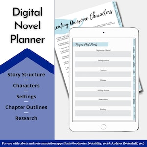 May include: A digital novel planner with a blue and white color scheme. The planner includes sections for story structure, characters, settings, chapter outlines, and research. The planner also includes a section for major plot points, with sections for the beginning, rising action, conflict, climax, falling action, resolution, and ending.