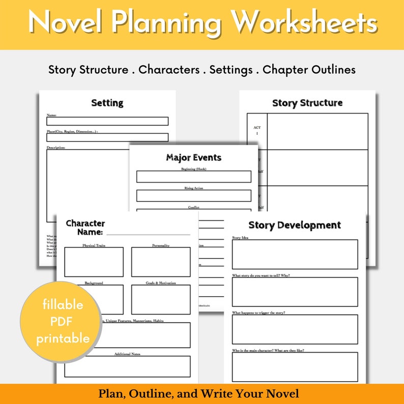 Printable Novel Writing Worksheets PDF Fillable Novel Etsy Canada