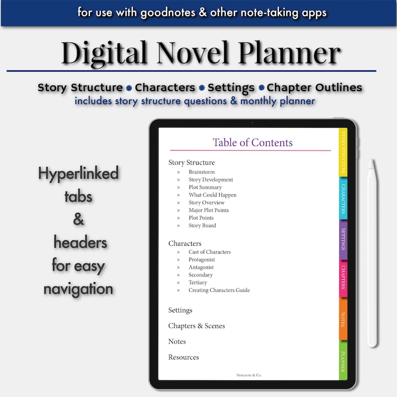 Puede incluir: Un planificador de novela digital con una tabla de contenido en la pantalla de una tableta. El planificador incluye secciones para la estructura de la historia, los personajes, los escenarios, los cap&iacute;tulos, las notas y los recursos. Est&aacute; dise&ntilde;ado para su uso con aplicaciones de toma de notas.