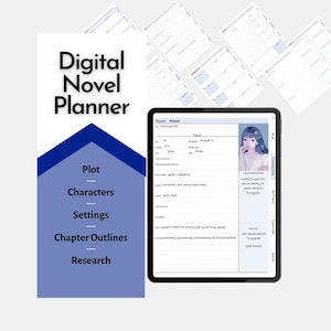 Puede incluir: Planificador de novelas digitales con un diseño azul y blanco. El planificador incluye secciones para la trama, los personajes, la configuración, los esquemas de capítulos y la investigación. Una tableta muestra un perfil de personaje con una ilustración de estilo manga.