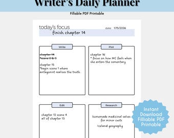 Daily Writing Planner Printable | Writer Productivity Planner Worksheet