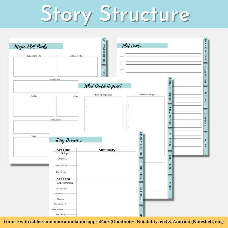 May include: A printable worksheet for story writing with sections for major plot points, story structure, characters, settings, chapters, and notes. The worksheet is designed for use with tablets and note annotation apps.
