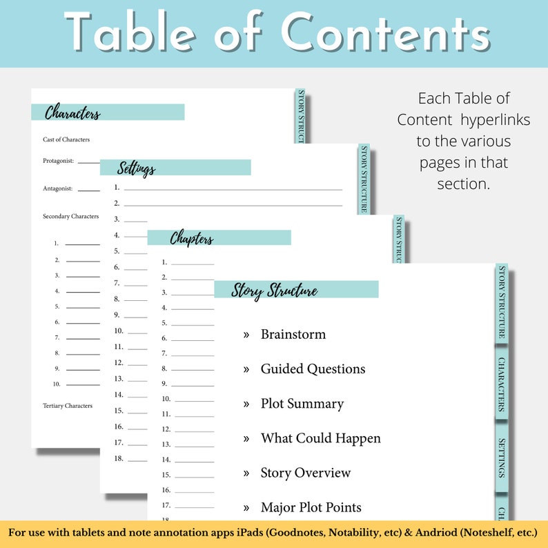May include: A printable table of contents for a story writing planner. The table includes sections for characters, settings, chapters, and story structure. Each section has a list of items to be filled in.