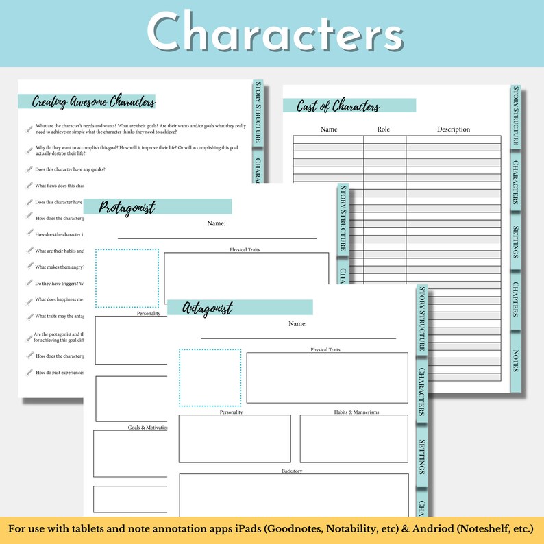 May include: A printable worksheet for creating fictional characters. The worksheet includes sections for the protagonist and antagonist, with prompts for name, physical traits, personality, goals and motivation, habits and mannerisms, and backstory. The worksheet also includes a section for a cast of characters with columns for name, role, and description.