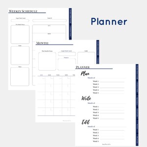 May include: Three printable planner pages with a blue and white color scheme. The pages are labeled "Weekly Schedule", "Plan", "Write", and "Edit". Each page has sections for goals, notes, projects, and weekly tasks.