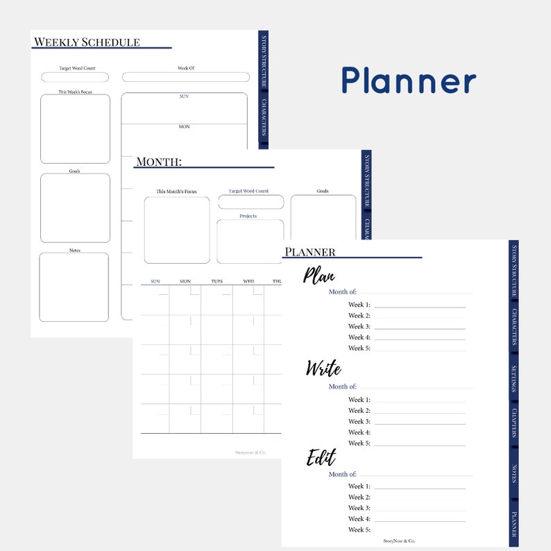 May include: Three printable planner pages with a blue and white color scheme. The pages are labeled "Weekly Schedule", "Plan", "Write", and "Edit". Each page has sections for goals, notes, projects, and weekly tasks.