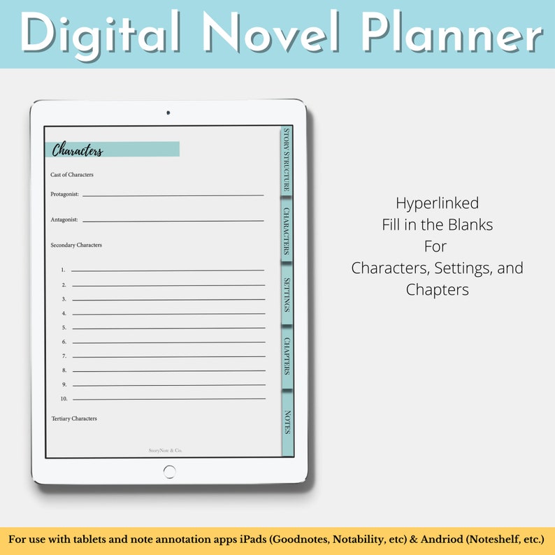 May include: A digital novel planner template on a tablet screen. The template has sections for story structure, characters, settings, chapters, and notes. The template is designed for use with note-taking apps on tablets.