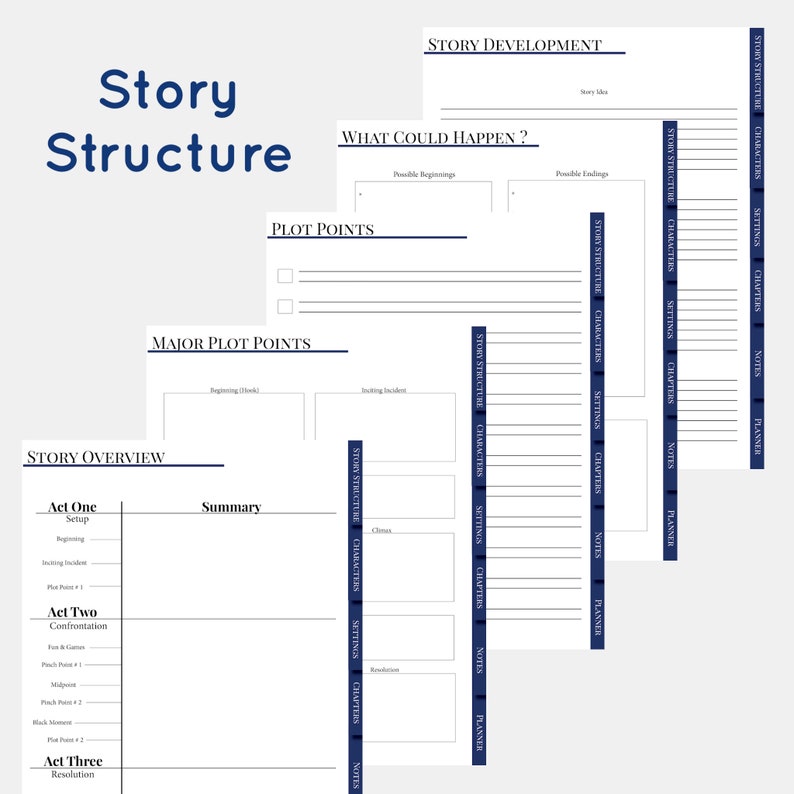 May include: A printable story structure planner with sections for story development, major plot points, and story overview. The planner includes sections for characters, settings, chapters, notes, and a planner.