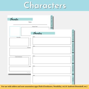 May include: A printable worksheet for planning and outlining characters for a story. The worksheet includes sections for character name, physical traits, personality, backstory, goals and motivation, and notes.