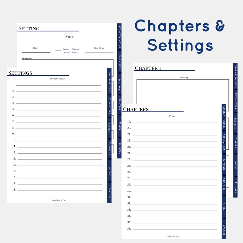 May include: A printable planner for writers with sections for story structure, characters, settings, chapters, notes, and a planner. The planner has a blue and white color scheme.