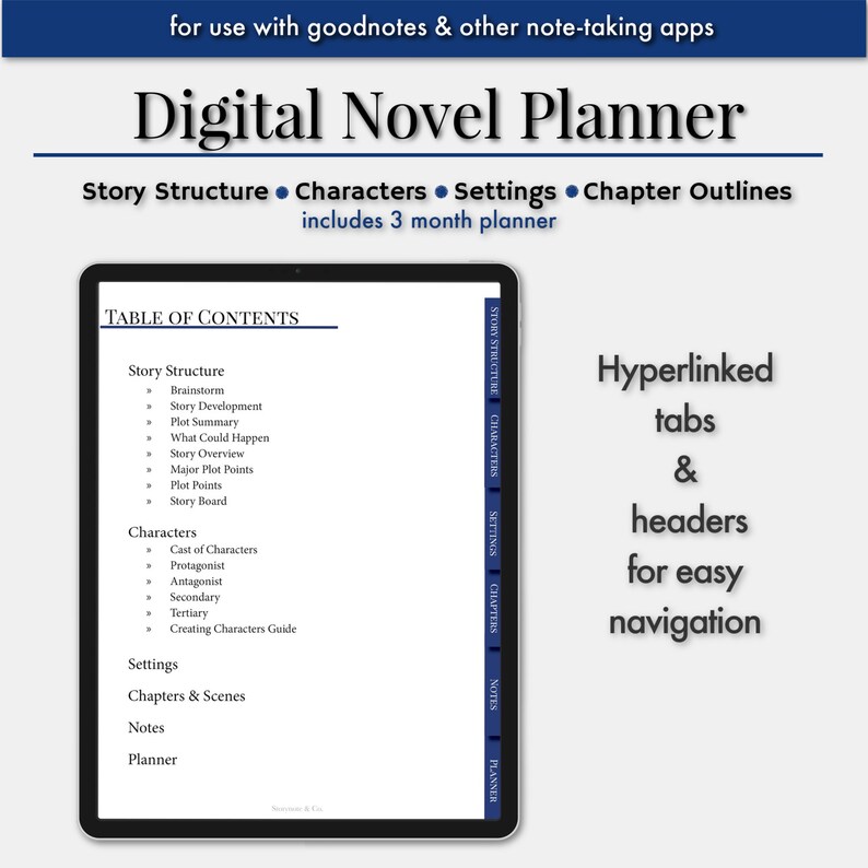 May include: A digital novel planner with a blue cover and a table of contents listing sections for story structure, characters, settings, chapters, notes, and a planner. The planner includes hyperlinked tabs and headers for easy navigation.