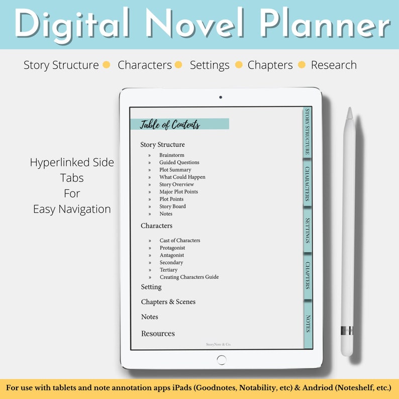 May include: A digital novel planner on a tablet screen with a stylus pen. The planner has tabs for Story Structure, Characters, Settings, Chapters, and Notes. The text "Digital Novel Planner" is at the top of the screen.