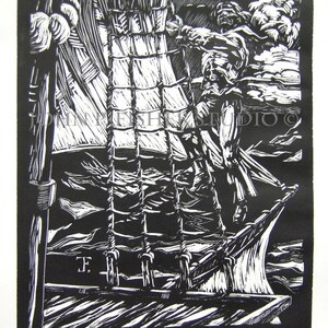 May include: Black and white woodcut print of a sailor climbing a rope ladder on a ship. The print is titled "Up in the Rigging" and signed "J.P. Tuttle".