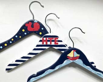 Newborn Baby Boy Clothing Hanger / Personalized Gift / Sailboats / Nautical Nursery / Baby Shower / Children's Hanger / Hand-painted