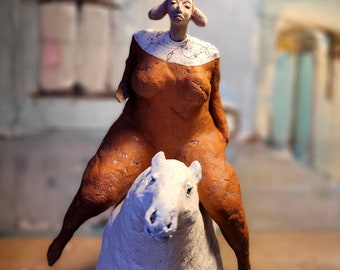 Woman in Orange, with her White Horse/ Two Colored Ceramic Sculptures/ Unique