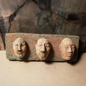 Three Male Faces/ Ceramic Colorful Unique Piece