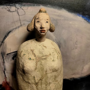 Woman in yellow and in grey stockings /Ceramic Unique Hanging Sculpture/ Female Figure