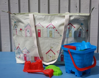 Large beach bag with zipper, beach hut oilcloth bag, unique tote for the beach, great carry on bag for holidays, gift for mum, family bag