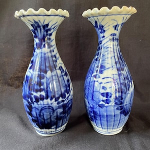 Quality Pair Of Antique Japanese Imari Blue And White Baluster Vases