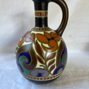 antique dutch Gouda pottery pitcher. Approx 1920. Several marks. decor gondel