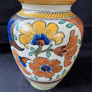 antique dutch Gouda pottery vase.   Decor Annette Approx 1920. Several marks.