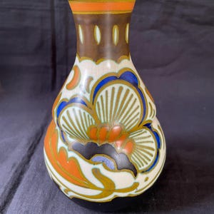 antique dutch Gouda pottery vase. Approx 1920. Several marks. decor trudy