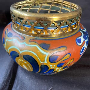 antique Dutch Gouda pottery rosebowl. Appr 1920. Decor Rhodian . Several marks .