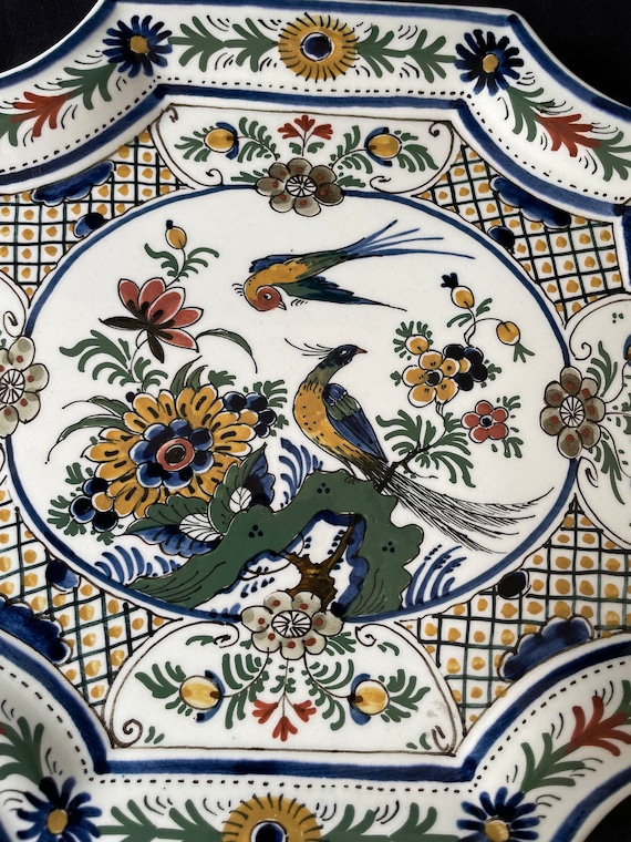 【未使用】ロイヤルデルフト 鳥と花図 飾り皿 壁掛け  Delft ロイヤルデルフト 陶磁器 フレスプレート 鳥と花の芸術 多色装飾